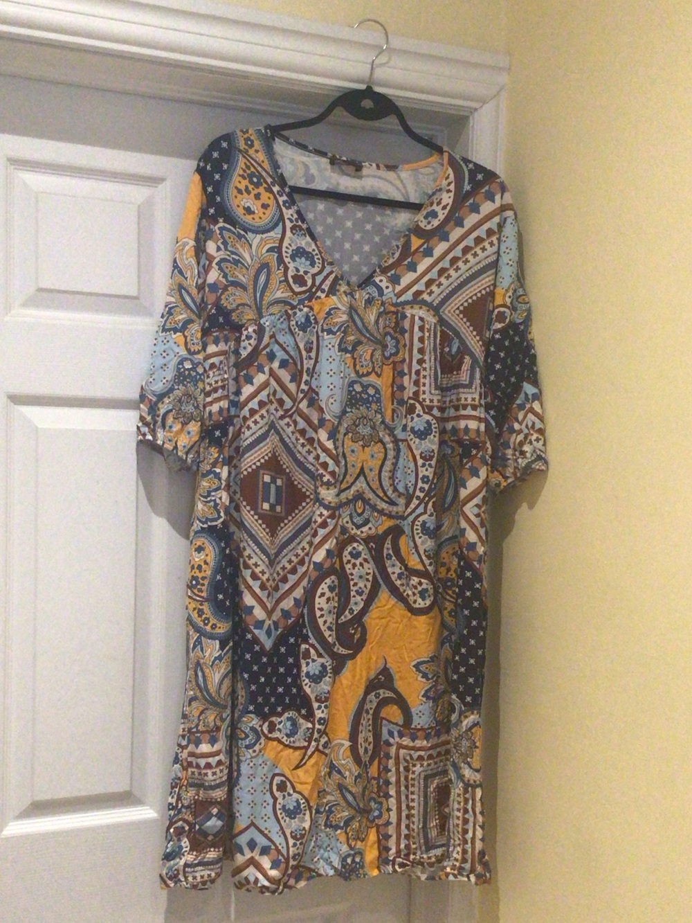 Paisley Print V-Neck Midi Dress in Mustard & Blue